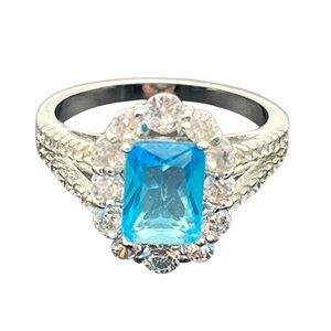 Blue & clear CZ halo silver tone cocktail ring size 7